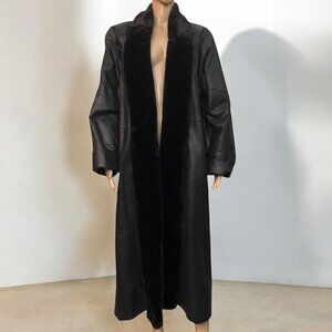 SOLD Vintage 1990s Black Leather Fur Collar Reptile Alligator Trench Coat